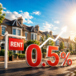 Rent sign outside residential homes with annual rent growth slowing to 1.7% despite a monthly increase.