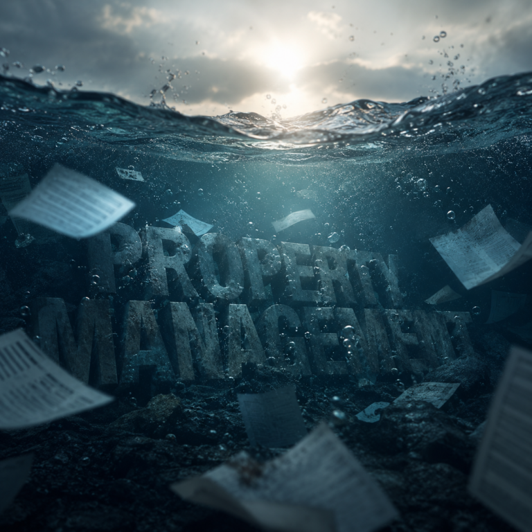 Underwater "Property Management" text surrounded by floating documents, illustrating fragmented information and poor operational visibility.