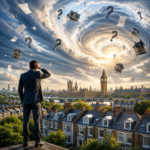 Landlord overlooking London as storm clouds, floating houses and question marks symbolise uncertainty over property taxes and regulation.