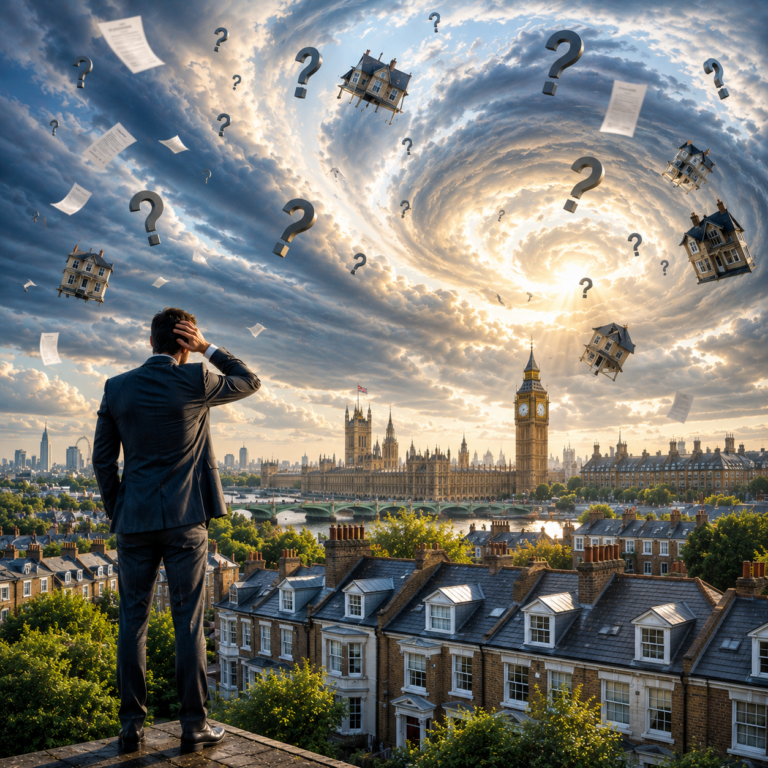 Landlord overlooking London as storm clouds, floating houses and question marks symbolise uncertainty over property taxes and regulation.