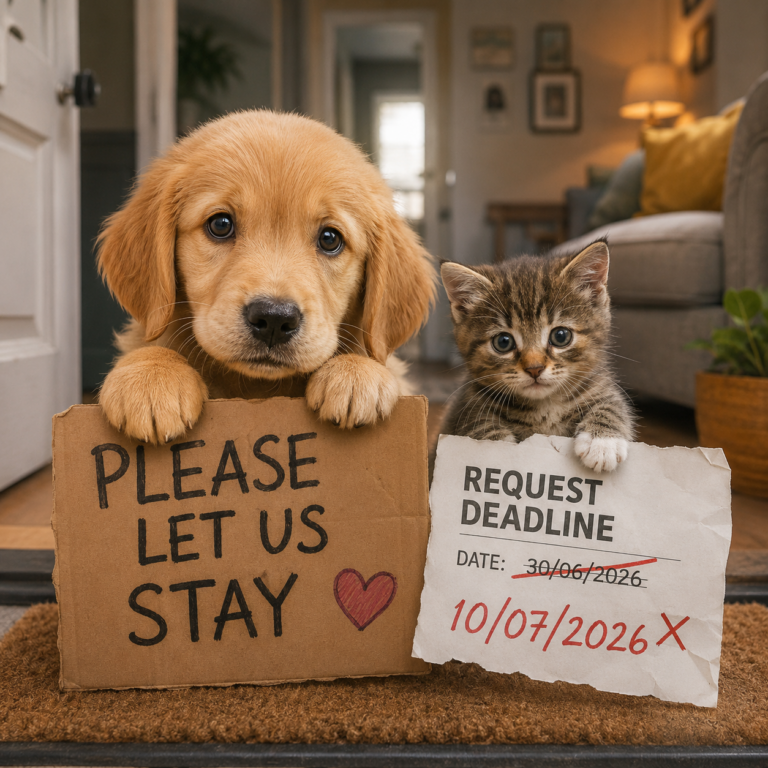 Golden Retriever puppy and kitten holding signs highlighting the 28-day pet request deadline under the Renters' Rights Act 2025.