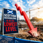 Construction site in Scotland with a falling red arrow highlighting the sharp decline in housebuilding over the past decade.