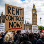 Protesters outside the Palace of Westminster hold signs calling for rent controls and affordable housing.