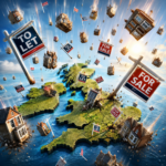 Illustration of UK buy-to-let homes and property sale signs highlighting the changing landlord market across Britain.