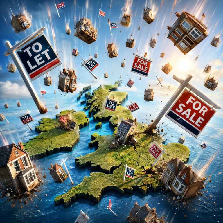 Illustration of UK buy-to-let homes and property sale signs highlighting the changing landlord market across Britain.