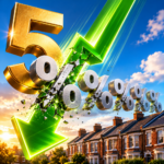 Green downward arrow breaking through percentage symbols above houses, illustrating falling buy-to-let mortgage rates
