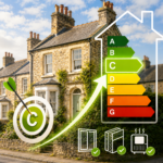 Stone-built heritage home with EPC C energy rating graphic illustrating retrofit challenges for older rental properties