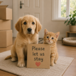 Puppy and kitten with a “Please let us stay” sign illustrating tenants’ pet requests under rental rules