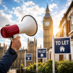 Megaphone beside UK rental property signs near Parliament, highlighting strong rental demand and landlord concerns