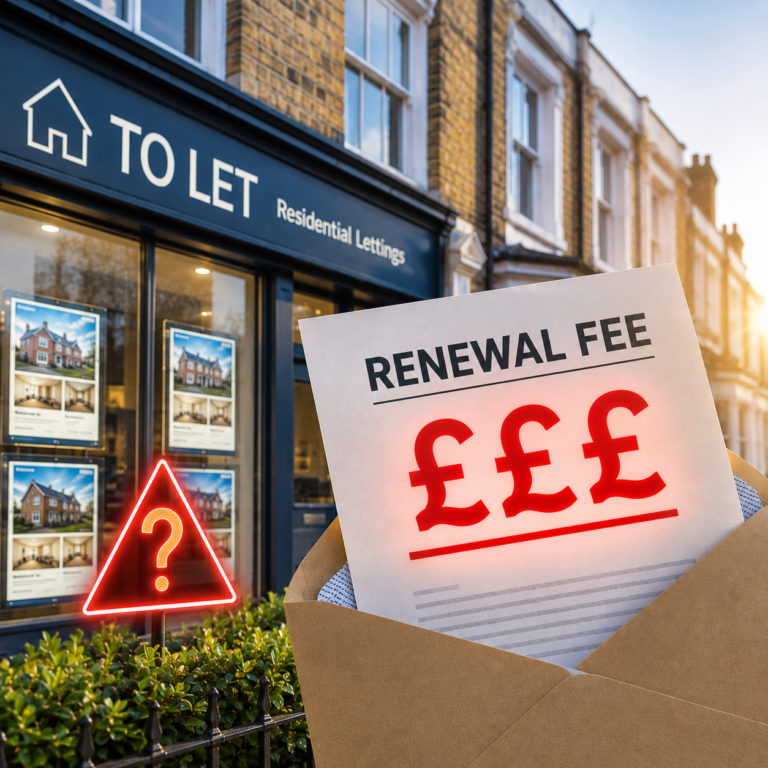 Letting agency renewal fee notice highlighting landlord concerns over tenancy renewal charges