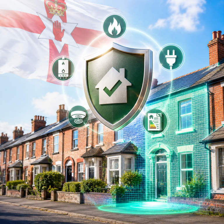 Northern Ireland rental homes with safety and compliance icons representing landlord registration reforms