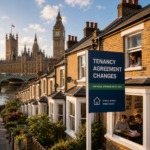 Tenancy agreement changes sign outside student rental housing in London, highlighting Renters’ Rights Act reforms