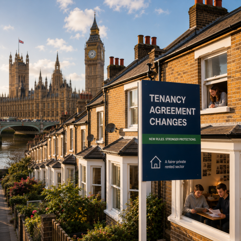 Tenancy agreement changes sign outside student rental housing in London, highlighting Renters’ Rights Act reforms