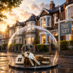 Keys, house symbol and coins under a protective dome outside rental homes, representing tenancy deposit protection