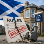 Broken rental regulations sign with Scottish flag and rental property, illustrating landlord compliance challenges in Scotland