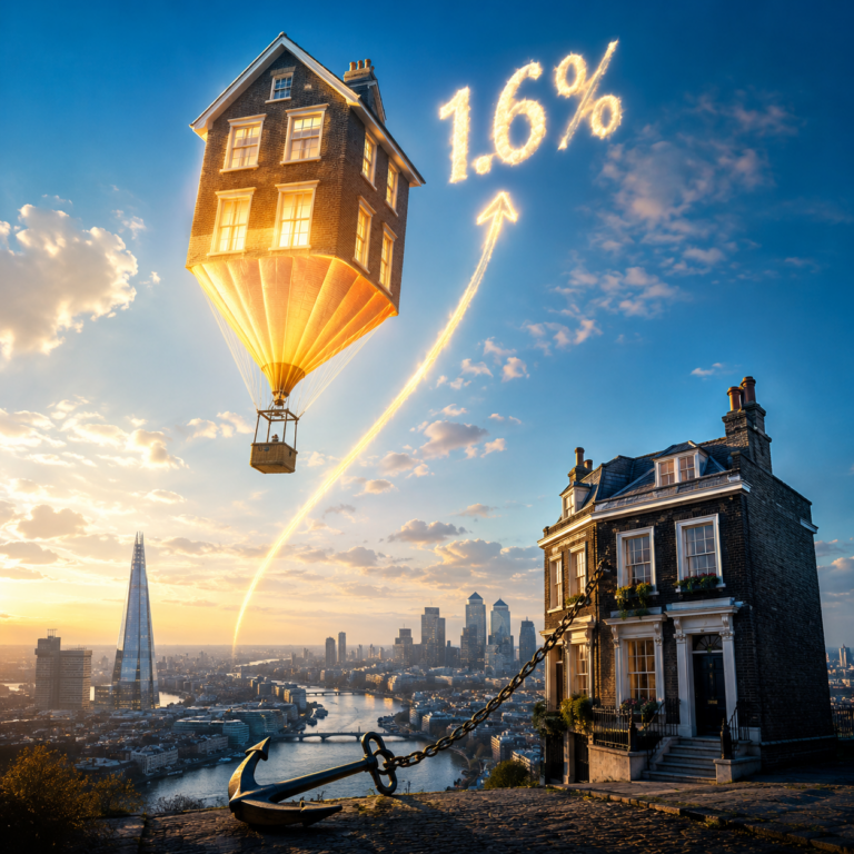 House-shaped hot air balloon rising above London skyline, symbolising UK house price growth