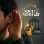 Renters’ Rights Act enforcement illustration showing landlord compliance risks, council fines, and housing regulation