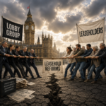 Leaseholders and freeholder lobbyists in a tug-of-war over leasehold reform outside Parliament