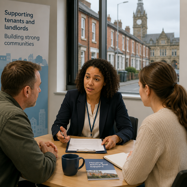 Council housing officer mediates a meeting between a landlord and tenant, with terraced homes and a civic building visible outside.
