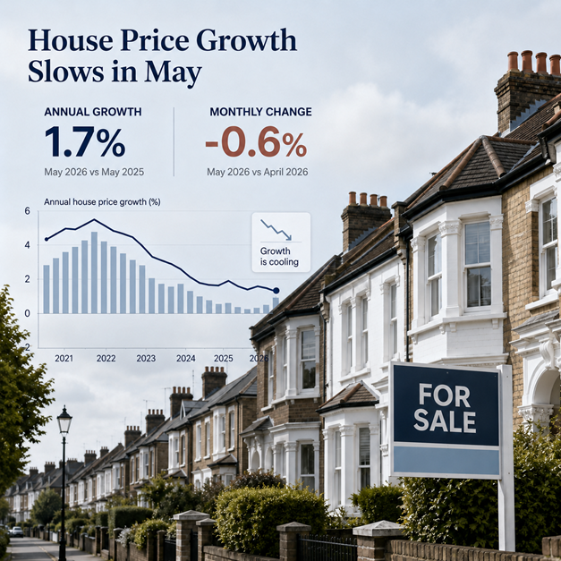 Alt text: UK terraced houses with a For Sale sign and house price growth figures showing annual growth at 1.7% and monthly change at -0.6%.