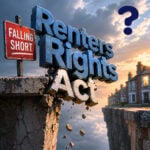 Crumbling “Renters’ Rights Act” sign beside a “Falling Short” warning, symbolising concerns about tenant reforms