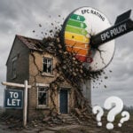 Crumbling rental property struck by EPC rating target graphic, symbolising pressure on landlords and the PRS