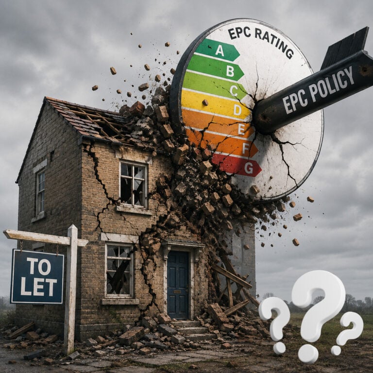 Crumbling rental property struck by EPC rating target graphic, symbolising pressure on landlords and the PRS
