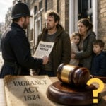 Police officer serving an eviction notice to a worried family, illustrating the repeal of the Vagrancy Act and homelessness debate.