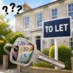 Key containing cash in front of a rental property sign, illustrating concerns about key money and rental bribes