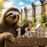 Sloth beside a 1.8% house price sign and model home illustrating slower UK property price growth in July.