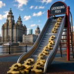 Playground slide with pound symbols illustrating Liverpool landlord licensing fees against the city skyline.