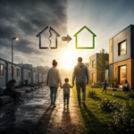 Family walking from temporary accommodation toward modern modular homes, illustrating a housing solution to the UK housing crisis.