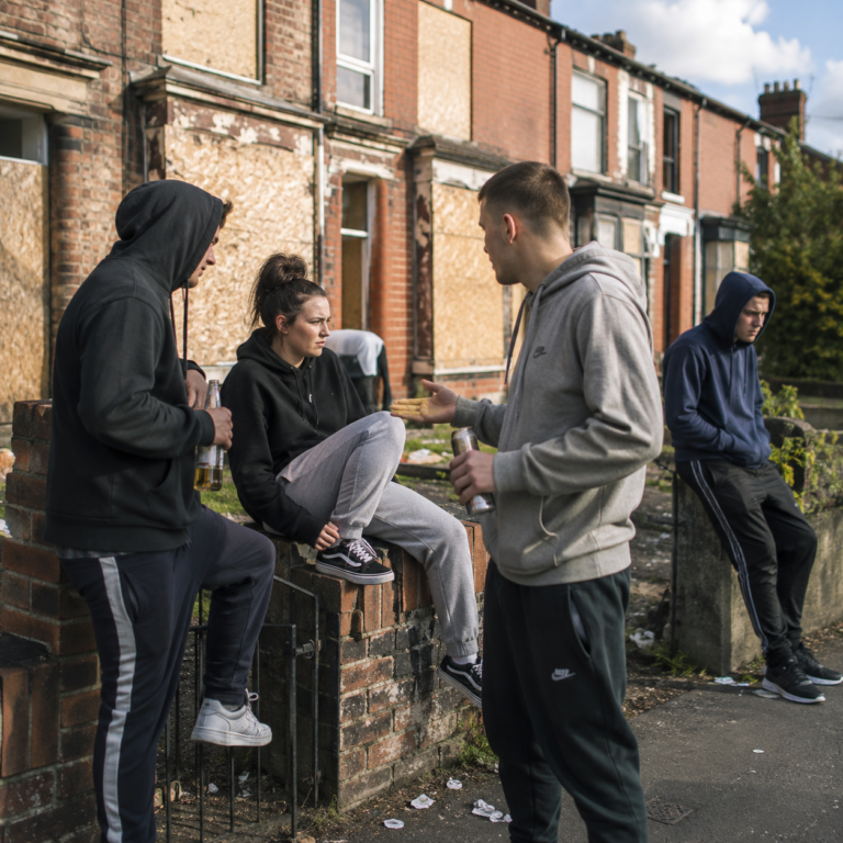 Group of young people outside boarded-up homes, illustrating anti-social behaviour in a residential neighbourhood.