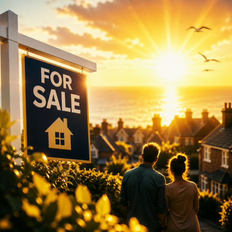 For Sale sign overlooking homes at sunset, illustrating landlords planning to sell rental property before market conditions worsen.