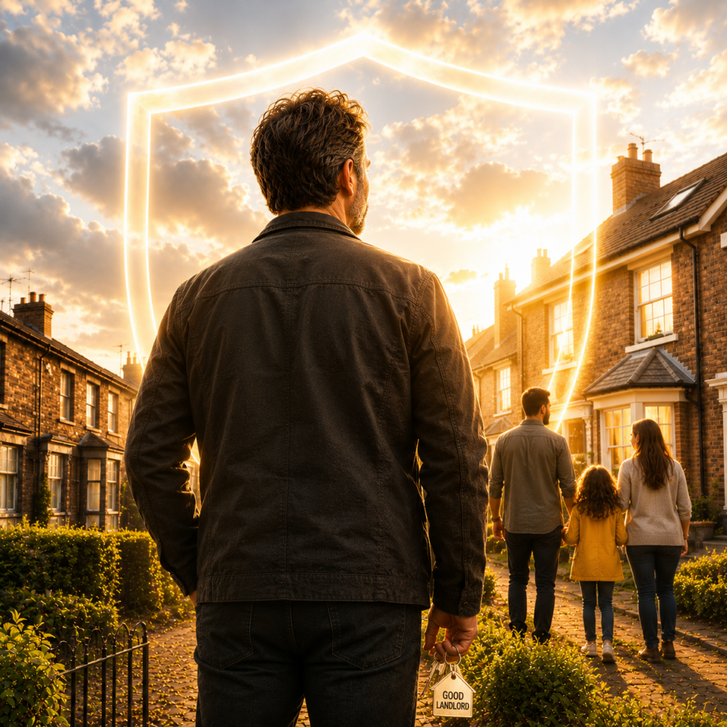 Landlord holding property keys overlooking rental homes with a protective shield symbolising the new Landlord Redress Scheme.