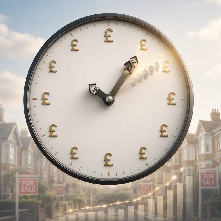Clock with house-shaped hands and pound symbols illustrating gradual UK house price growth amid market uncertainty.