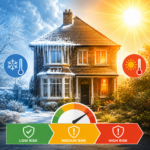 Split-season house illustrating overheating and cold risks under updated HHSRS thermal comfort standards.