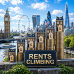 UK rental prices rising after the Renters’ Rights Act, illustrated with London skyline and increasing rent stacks.