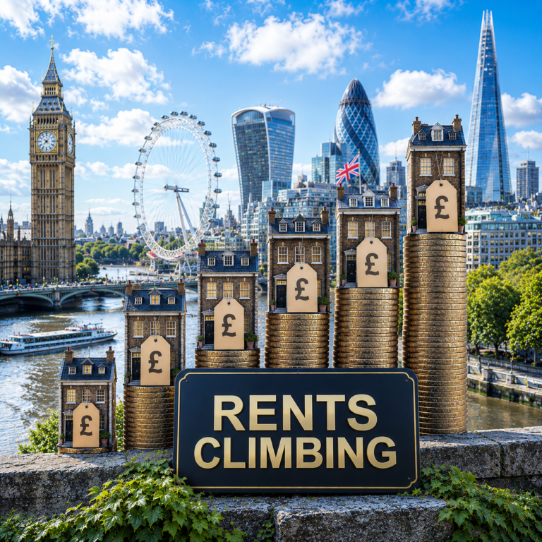 UK rental prices rising after the Renters’ Rights Act, illustrated with London skyline and increasing rent stacks.