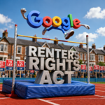 Google logo clearing a high jump over “Renters Rights Act,” symbolising the surge in online searches before the law’s implementation.