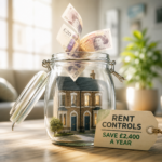 Jar with a model house and pound notes illustrating rent controls reducing housing costs for private tenants in England.