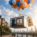 Temporary accommodation modular home lifted by balloons with rising cost tag, illustrating soaring council housing costs.