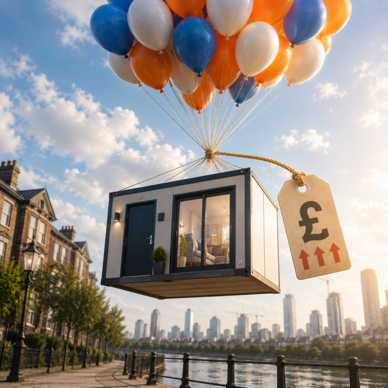 Temporary accommodation modular home lifted by balloons with rising cost tag, illustrating soaring council housing costs.