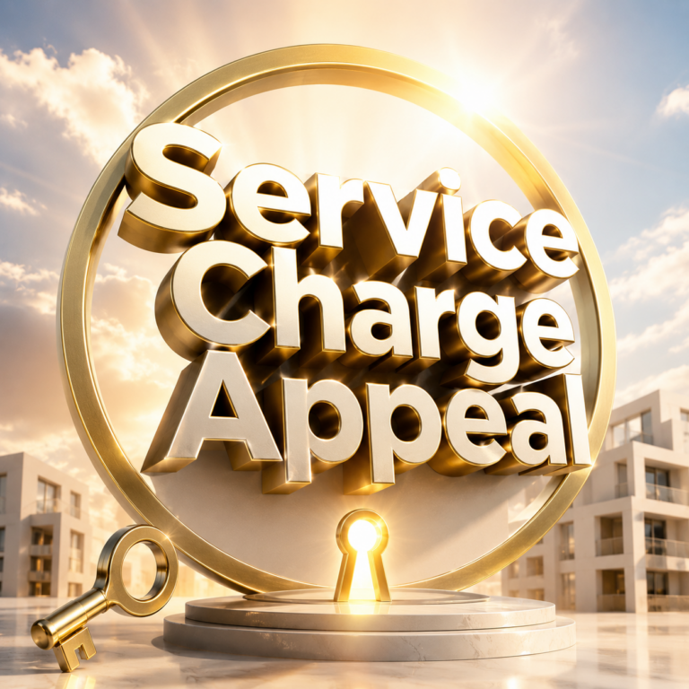 Gold “Service Charge Appeal” concept with keyhole and residential apartment buildings, illustrating the Notting Hill Genesis tribunal ruling.