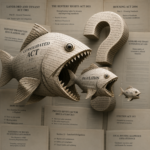 Paper fish representing UK housing legislation consuming smaller regulations, illustrating unintended consequences of tenant law reform.