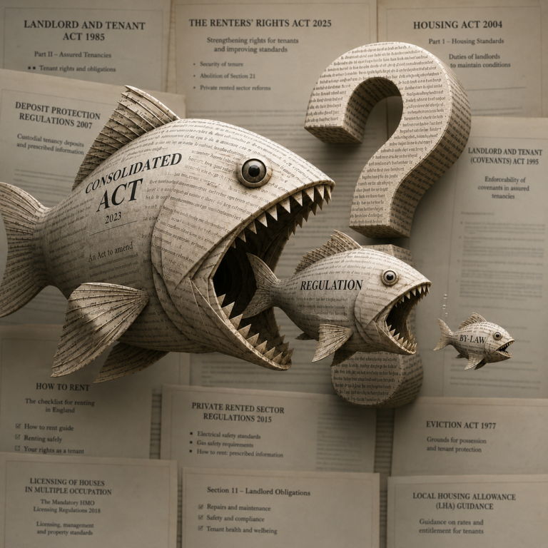 Paper fish representing UK housing legislation consuming smaller regulations, illustrating unintended consequences of tenant law reform.