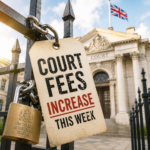 Court fees increase notice on gates outside a UK court building, highlighting higher landlord possession claim costs.