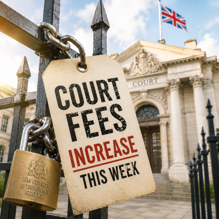 Court fees increase notice on gates outside a UK court building, highlighting higher landlord possession claim costs.