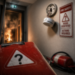 Fire risk assessment warning showing detached smoke alarm, fire extinguisher and communal hallway in a converted two-flat property.
