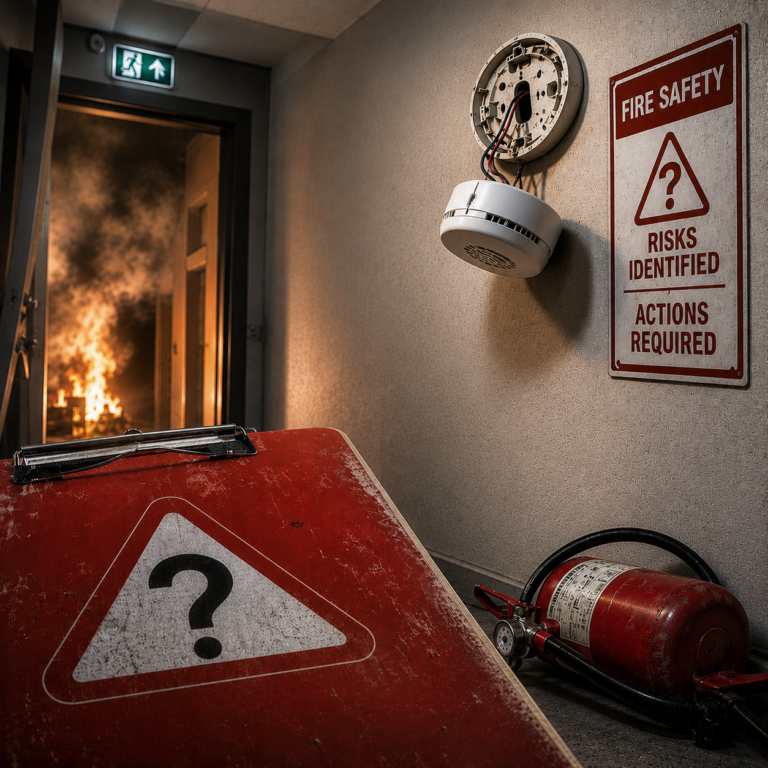 Fire risk assessment warning showing detached smoke alarm, fire extinguisher and communal hallway in a converted two-flat property.